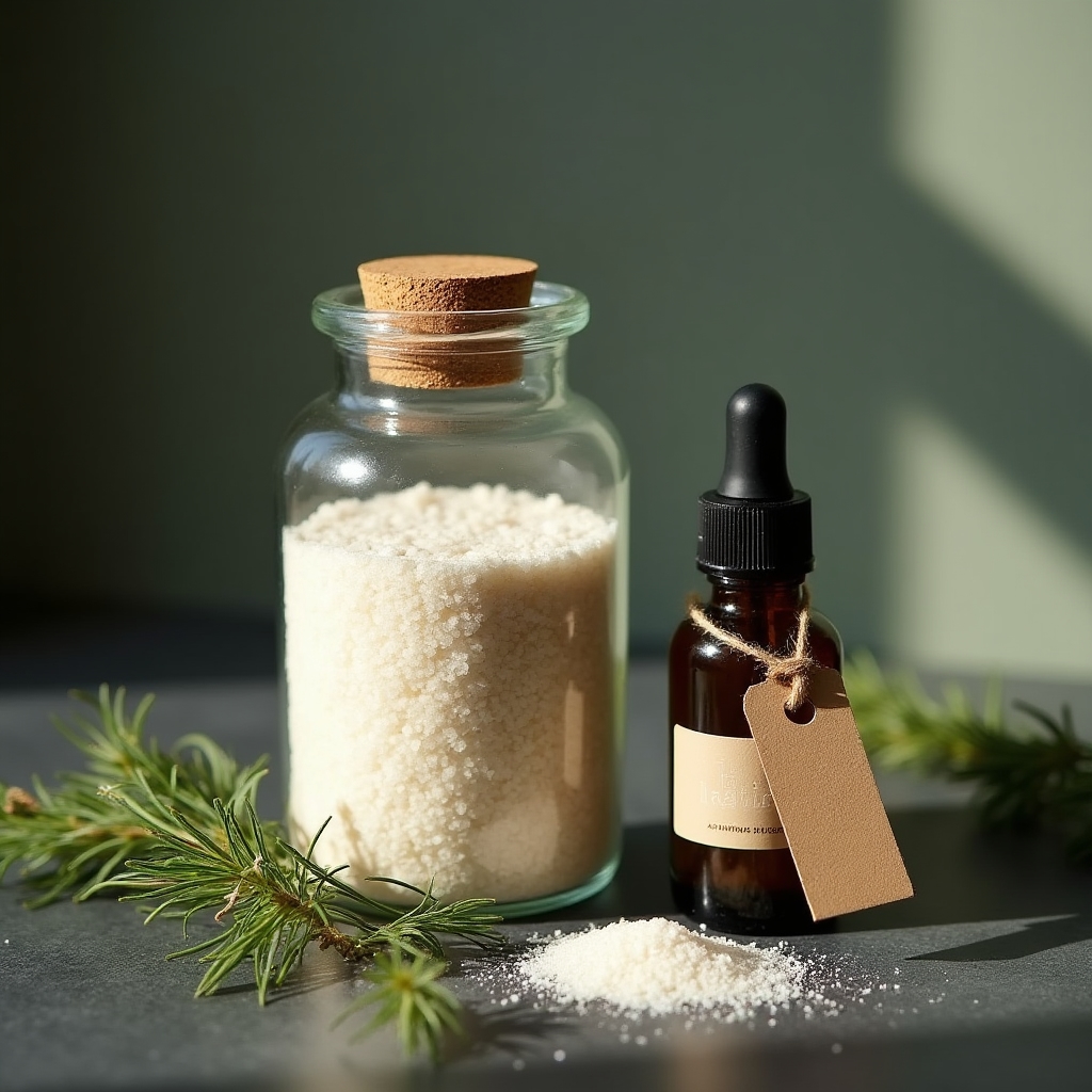 Badesalz mit Magnesium und Latschenkieferöl in Glasgefäß