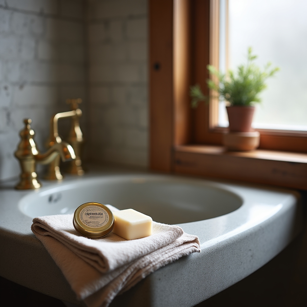 Gästebadezimmer mit kleinen Naturseifen und Pflegeprodukten am Waschbecken